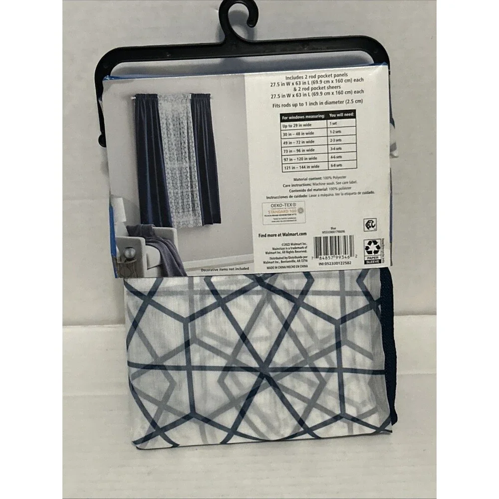 Mainstays Curtain and Sheers Set, 4 PANELS, Blue, 27.5